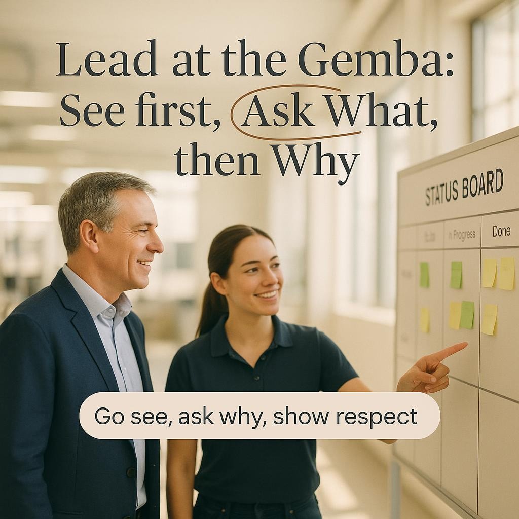 Leader and team member review a visual metrics board during a Gemba Walk in a bright workspace, soft natural light and shallow depth of field, showcasing go see ask why show respect and ask what then why for process improvement.