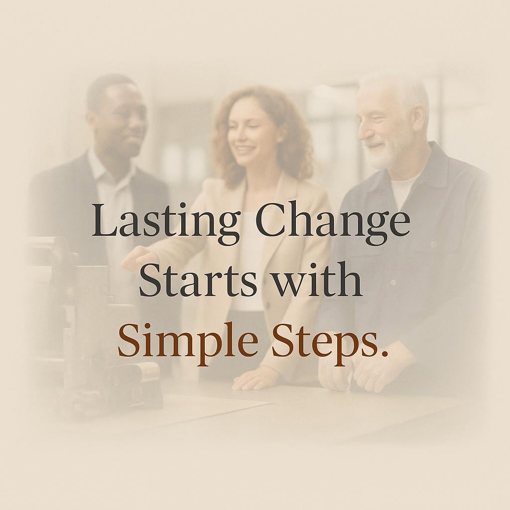 Business leaders discussing strategies during a Gemba Walk, emphasizing sustainable improvement and value creation.