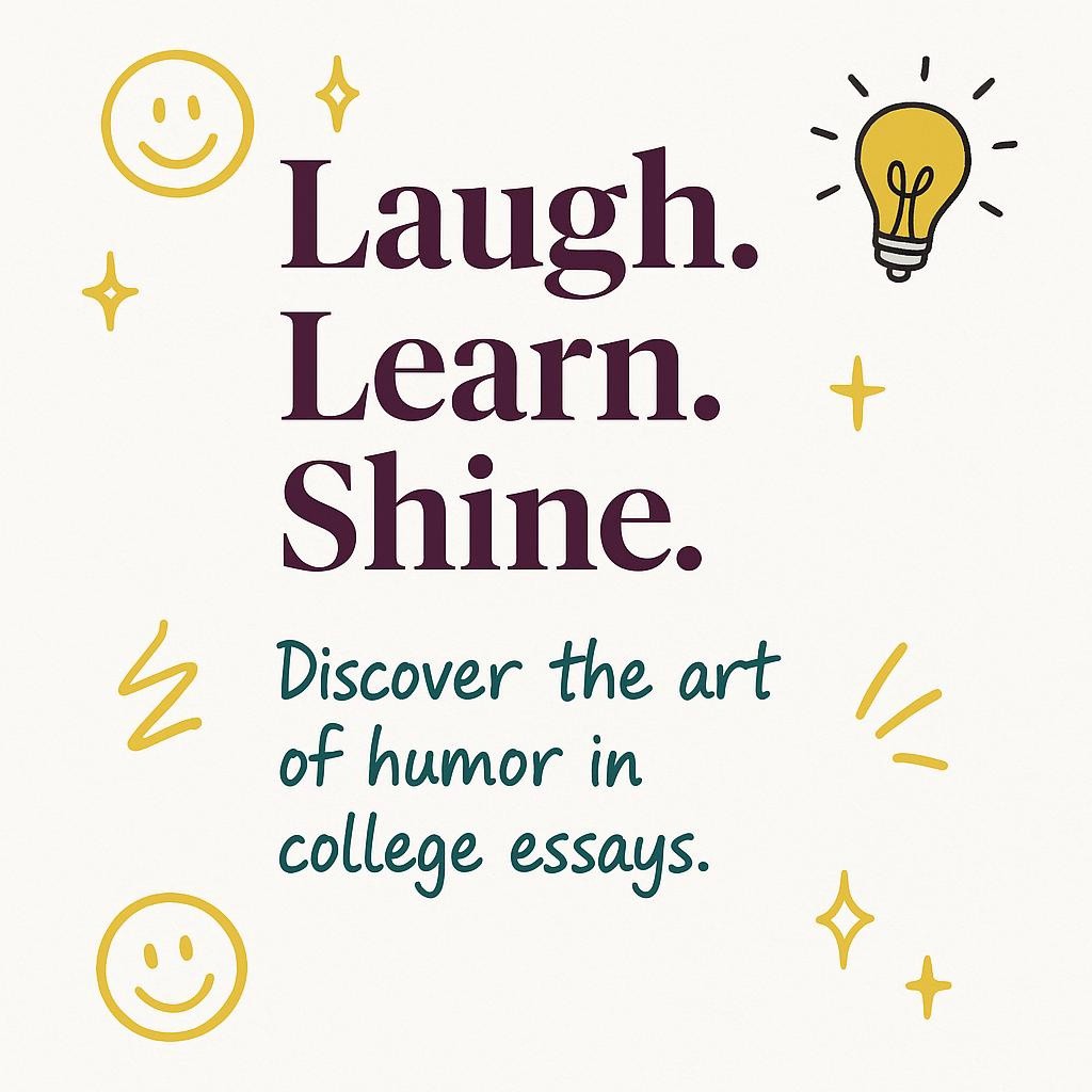 A bright and playful image with the words 'Laugh. Learn. Shine.' surrounded by doodles, emphasizing humor in college essay writing.