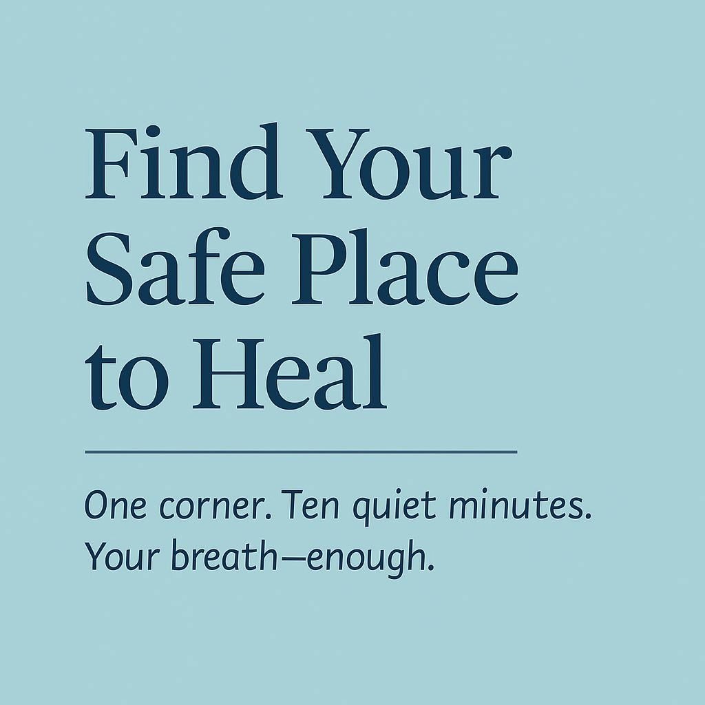 Calming minimalist hero image with a teal-blue solid background and left-aligned text that says Find Your Safe Place to Heal, styled in elegant serif typography, designed for readers creating a sacred space for cancer healing and meditation.