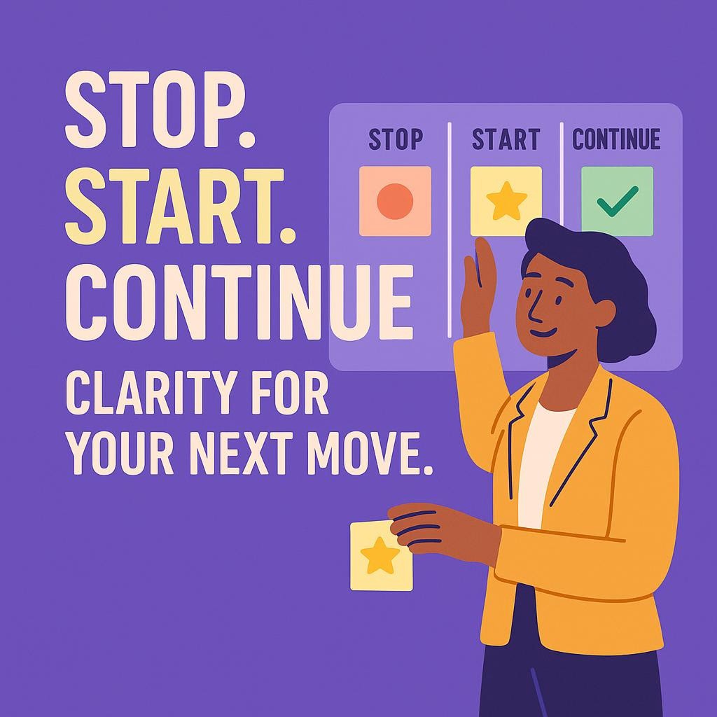 Flat vector of a professional placing a card into the Start column on a board labeled Stop, Start, Continue, symbolizing career transition, habit change, and practical steps toward clarity.