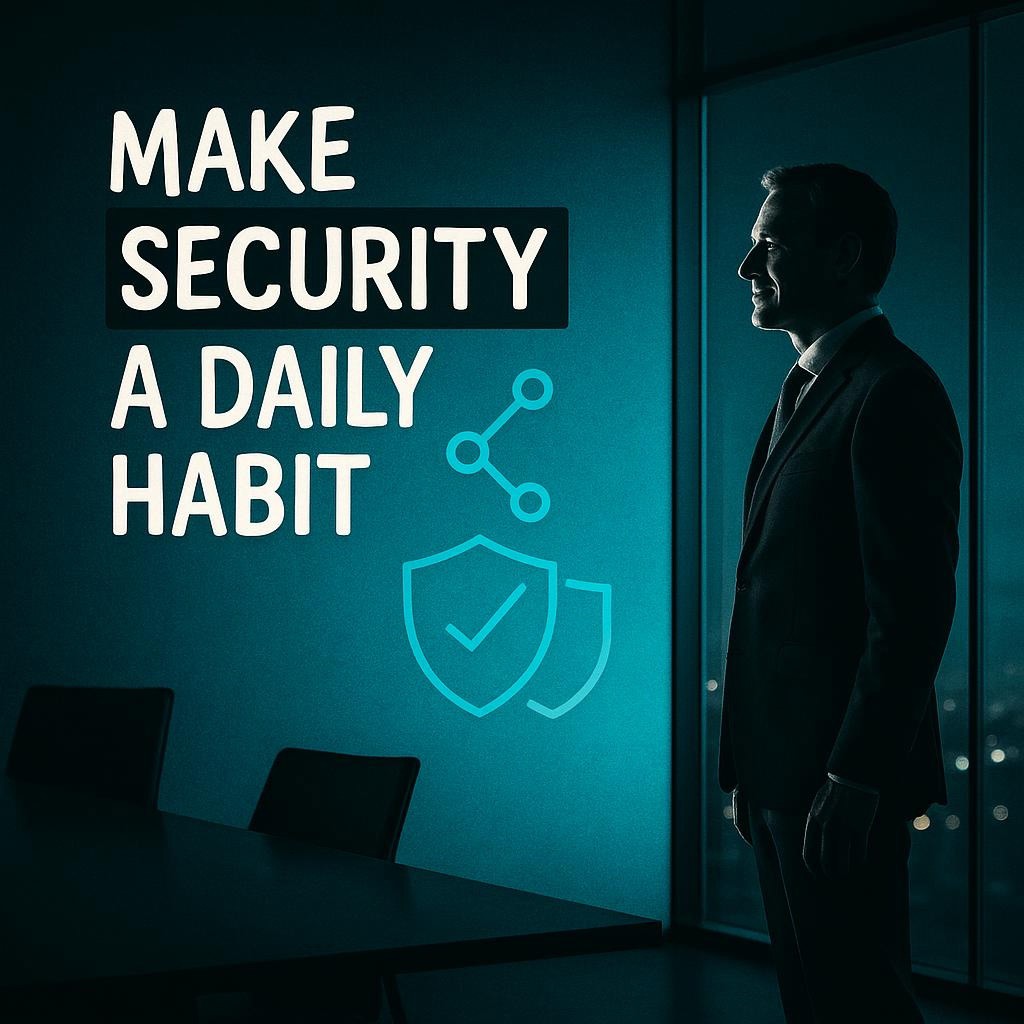 Confident executive in a modern boardroom with dramatic lighting and a bold headline that reads Make Security A Daily Habit, visual cues for threats, vulnerabilities, and controls.