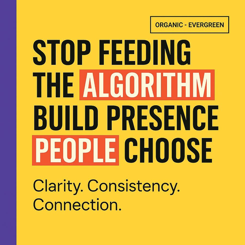 Typographic blog header with bright yellow background, purple side bar, and bold black text highlighting ALGORITHM and PEOPLE in red boxes, promoting algorithm proof content and human first visibility for authors, coaches, and educators.