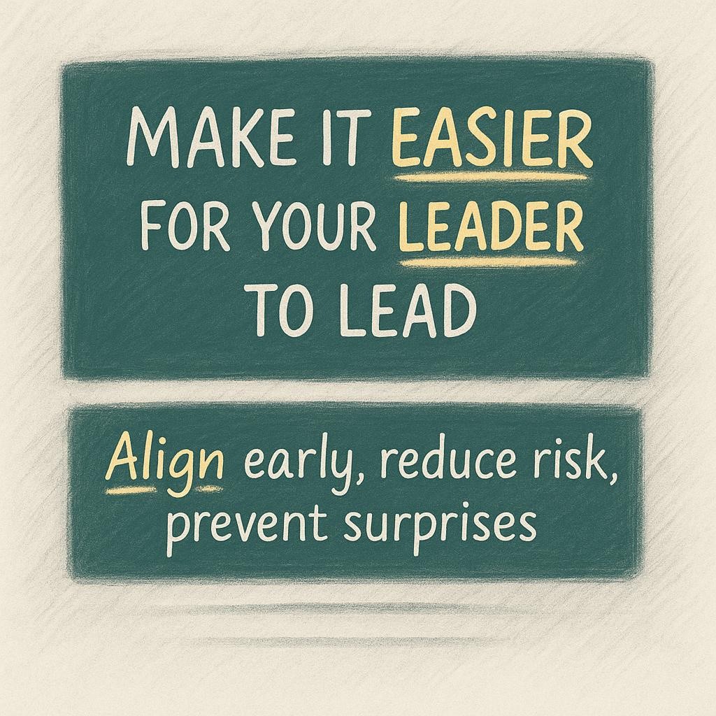 Hand drawn typographic poster showing the message Make it easier for your leader to lead with easier and leader highlighted in warm yellow, plus a subheading Align early, reduce risk, prevent surprises on a textured off white paper background with soft pencil shading and deep green panels, conveying strategic support and managing up.