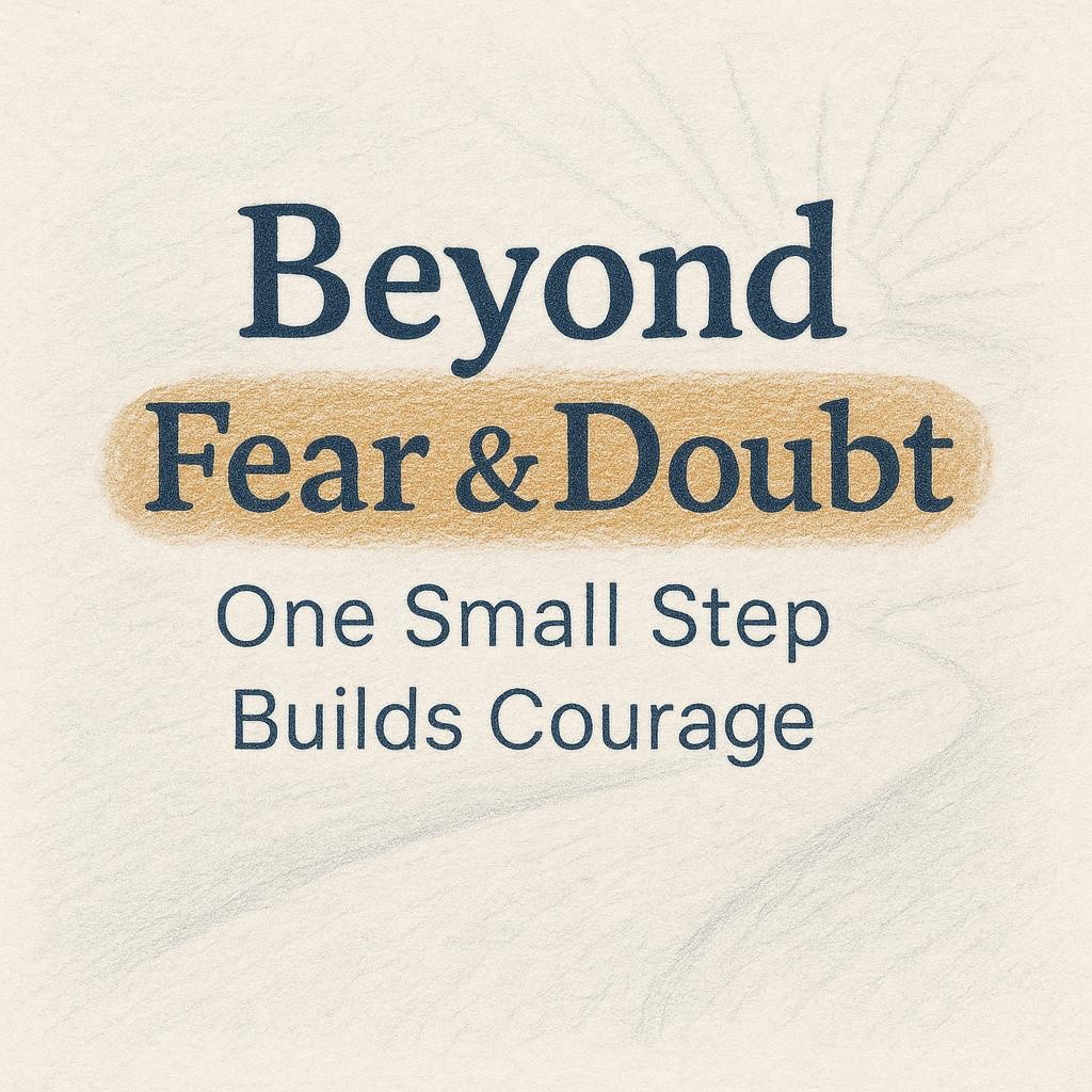 Typographic poster reading Beyond Fear & Doubt and One Small Step Builds Courage on a textured off white background with gentle pencil shading and warm highlights, illustrating strategies to move past fear and doubt and build self confidence and resilience, inspired by Alina Shahnazari and the book Who Do You Want to Be.