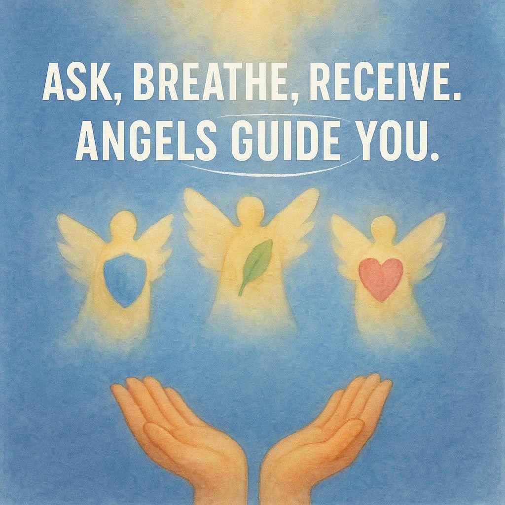 Watercolor angels over open hands with shield, leaf, and heart symbols, soft blue background and gentle glow, representing a 2 minute daily peace invocation calling on Michael for protection, Raphael for healing, and Chamuel for love