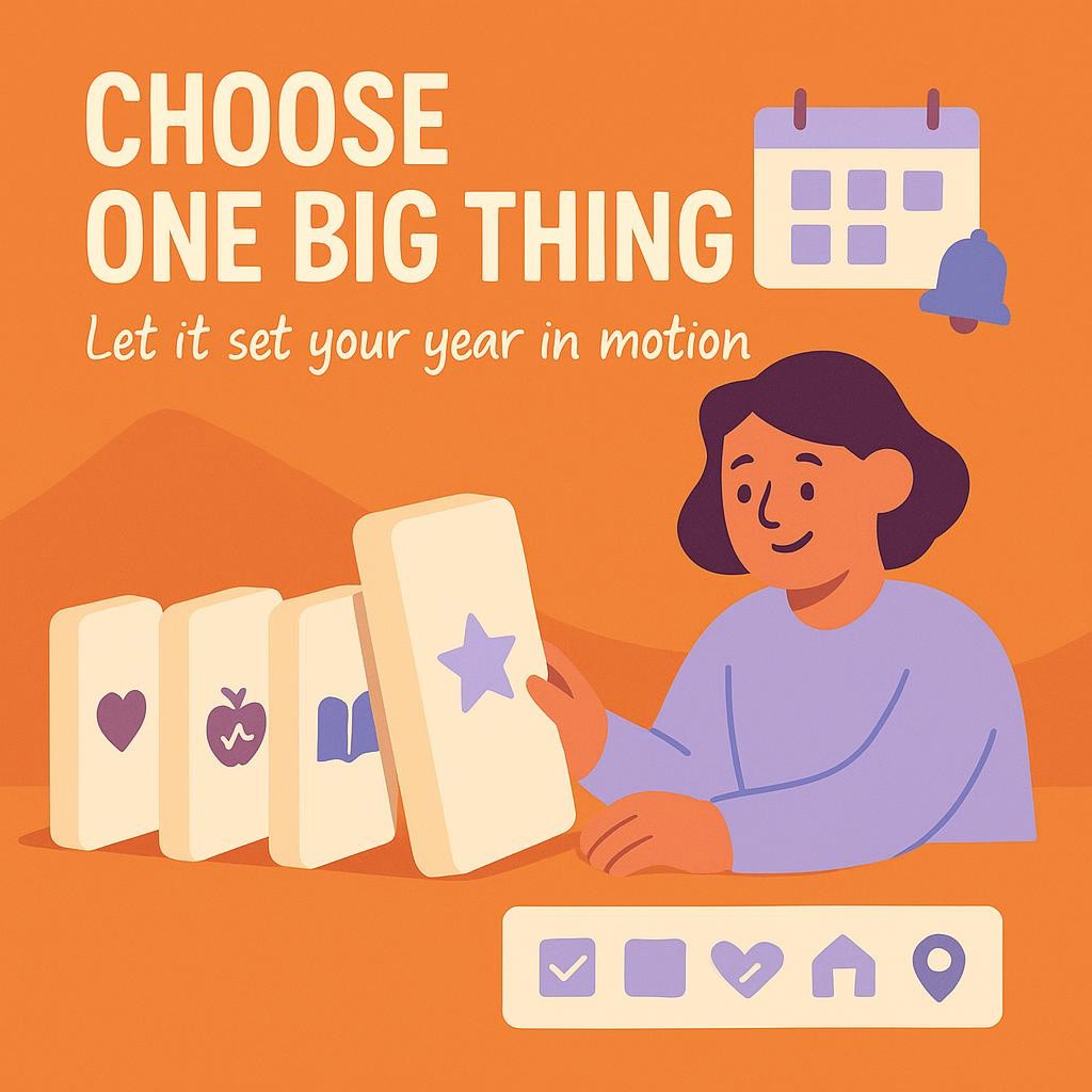 Warm flat vector of a person pushing a large domino to start a chain labeled with icons for health, relationships, learning, and relocation, beside a calendar, bell trigger, and checklist tracker; hero text reads Choose One Big Thing, aligned with Christine Carter Restart Strong career transition guidance.