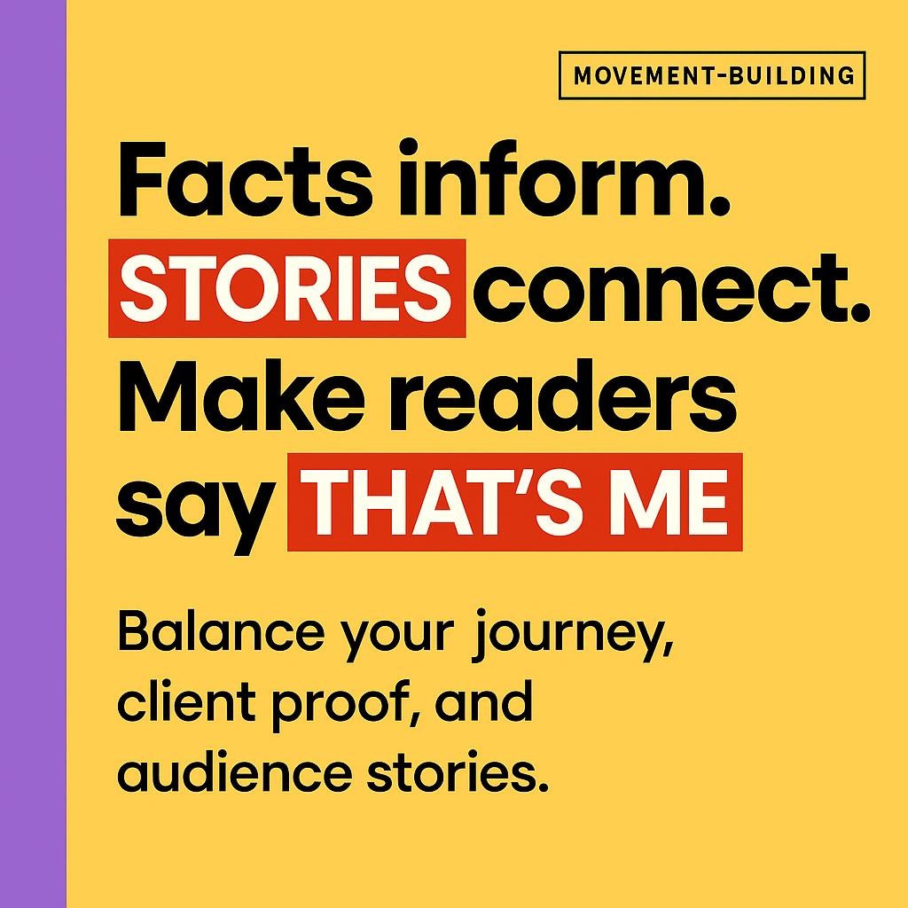 Bright yellow blog header with a purple left sidebar and bold black text, featuring red highlight rectangles around the words STORIES and THAT’S ME, clean left-aligned typography, minimalist editorial layout, and high readability to express that facts inform and stories connect.