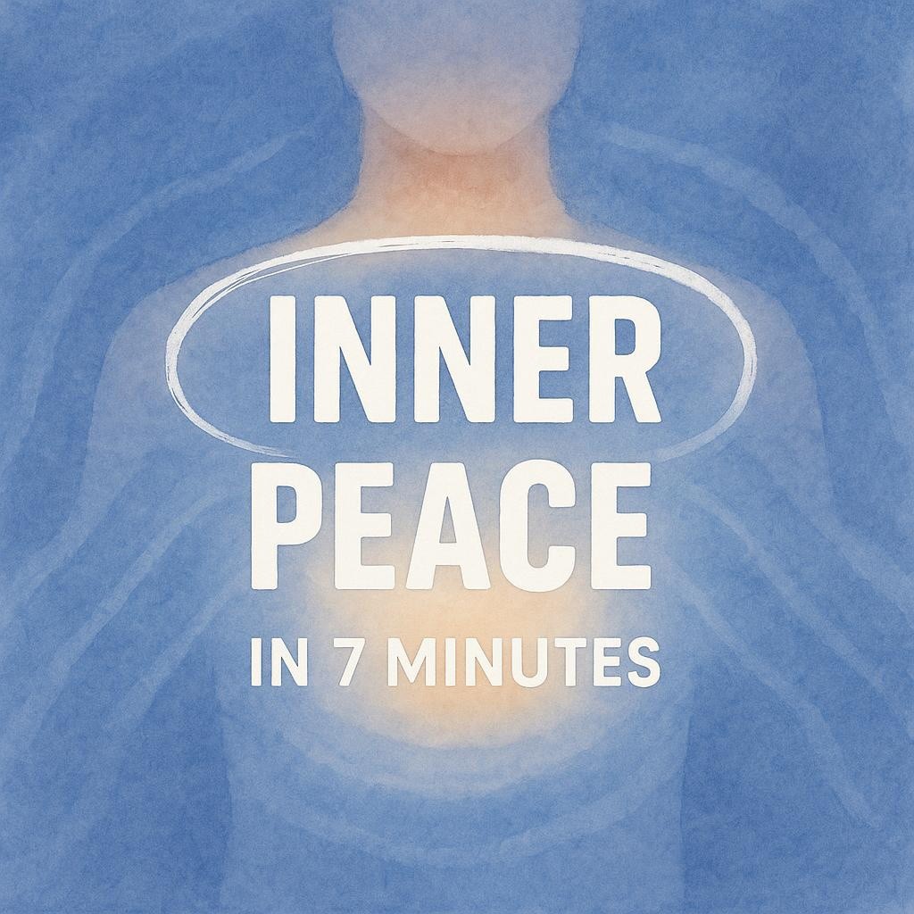 Watercolor hero image with centered text Inner Peace in 7 Minutes, soft blue ocean waves radiating from a chest area, clean white typography and warm glow, illustrating a calm daily inner peace practice for sustainable wellness.