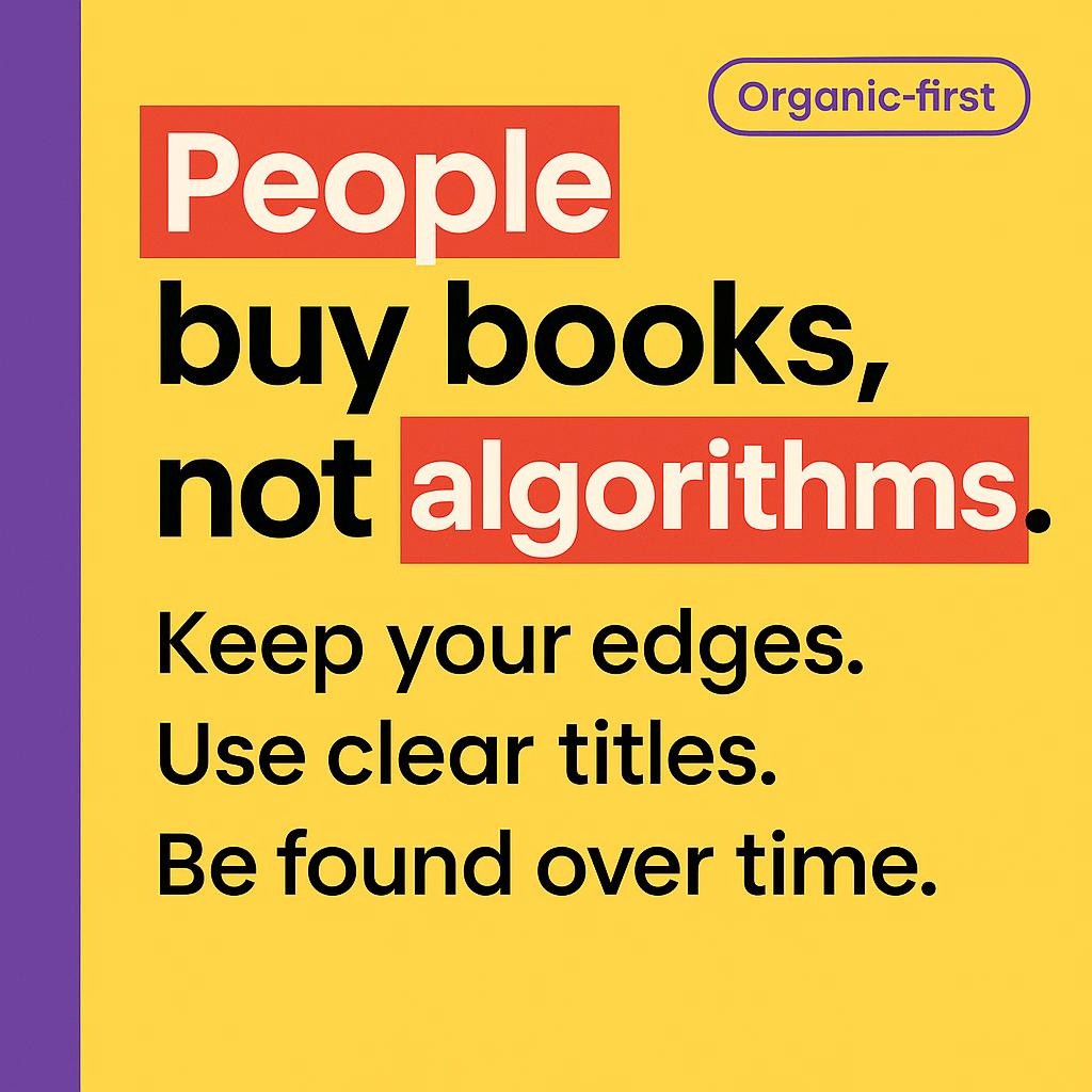 Bold yellow blog header with a purple left sidebar and stacked black text reading People buy books not algorithms. Red rectangles highlight the words People algorithms edges and clear titles. Clean modern typography, left aligned, high contrast design for creators seeking organic reach.