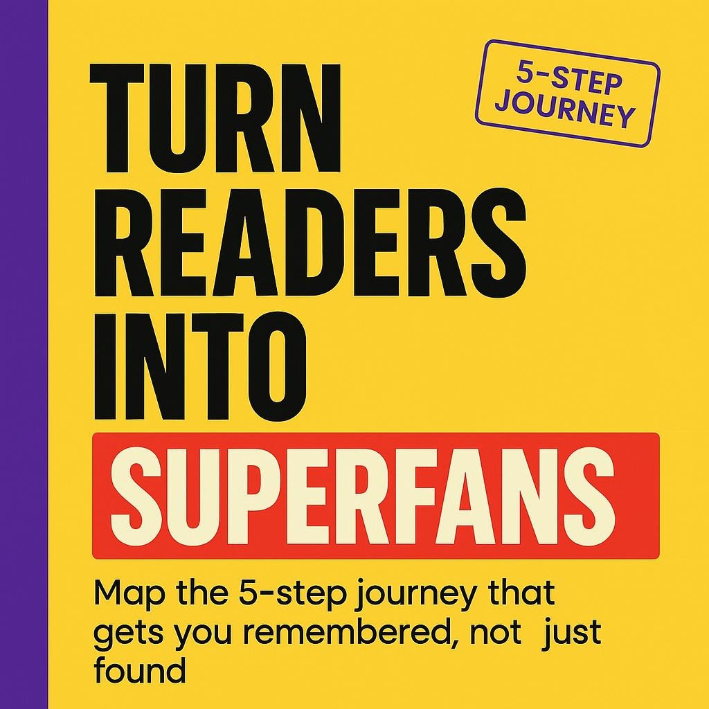 Bright yellow blog header with purple sidebar and bold text that says Turn Readers into SUPERFANS, featuring a red highlighted SUPERFANS and a row of tags for Awareness, Engagement, Trust, Conversion, Advocacy.
