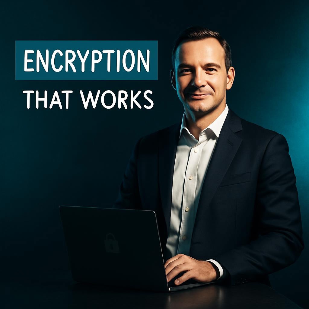 Confident business leader with a closed laptop and subtle lock icon against a dark teal background with bold headline text ENCRYPTION THAT WORKS, illustrating business data security, encryption in transit and at rest, and strong key management.