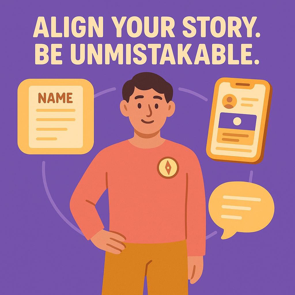 Mid career professional with panels for resume, LinkedIn profile, and elevator pitch linked to a compass, illustrating an aligned personal brand for a career transition.