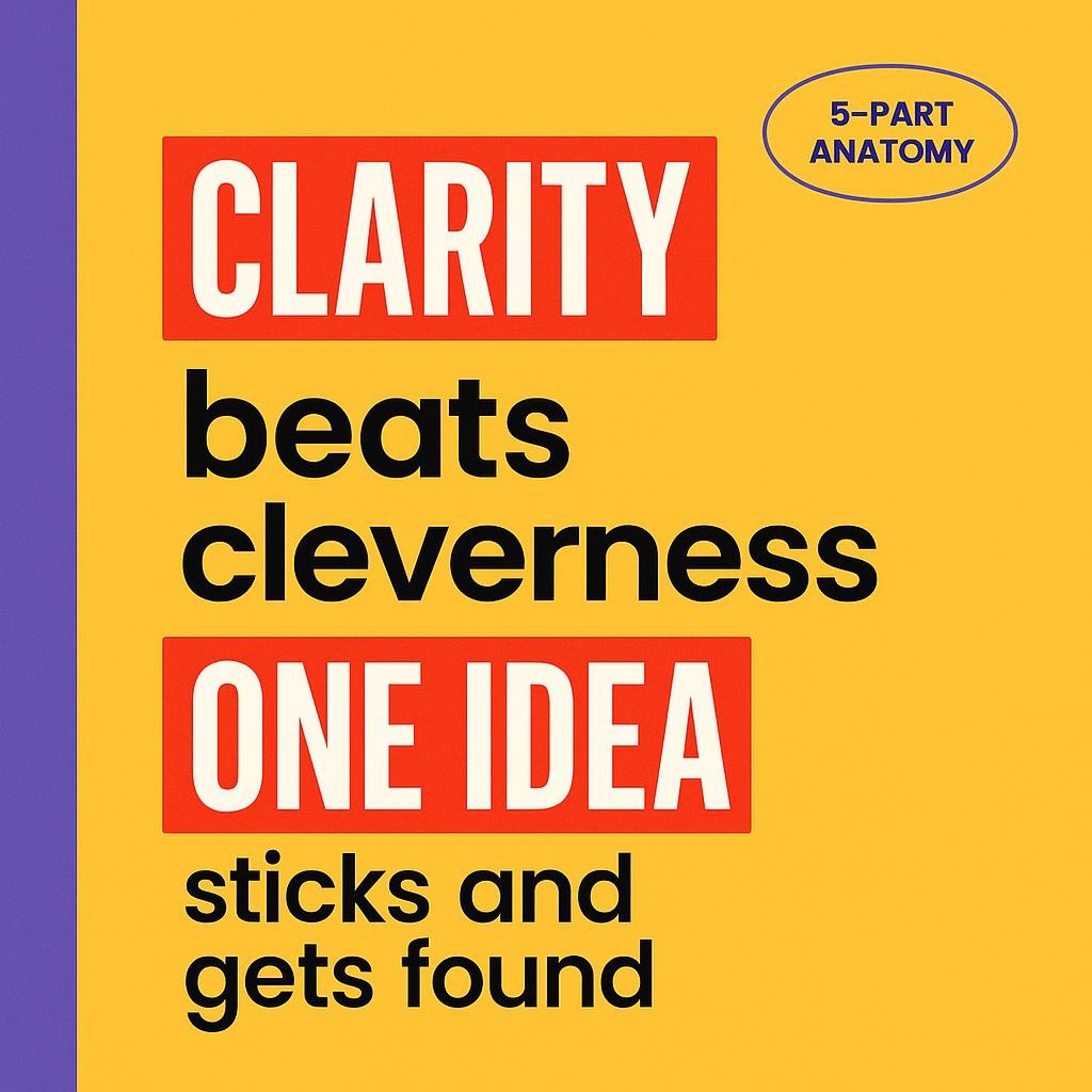 Text only blog header with bright yellow background and purple left sidebar featuring a bold stacked headline that highlights CLARITY and ONE IDEA in red boxes with white text, clean minimalist layout, high readability and web optimized.
