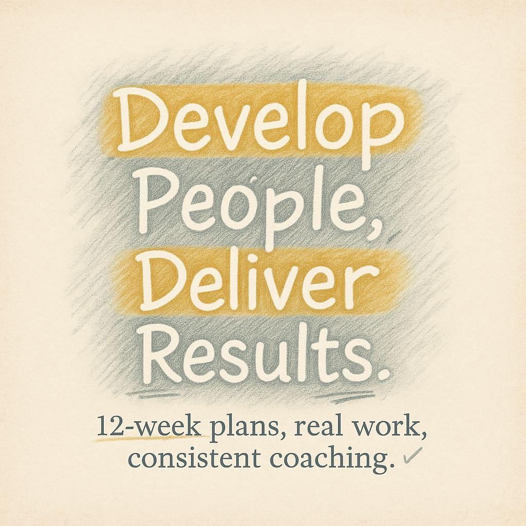 Typography image reading Develop People, Deliver Results with subline 12-week plans, real work, consistent coaching on a textured off-white background with warm hand-shaded highlights.