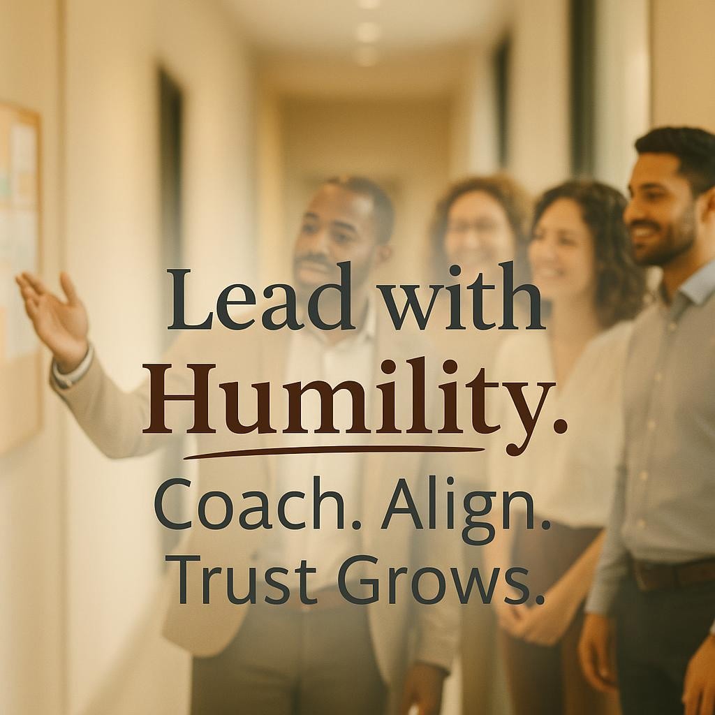Warm office hallway with leaders discussing a visual board, text overlay Lead with Humility, Coach, Align, Trust Grows, representing Gemba Walk leadership, humble coaching, and aligned support systems.