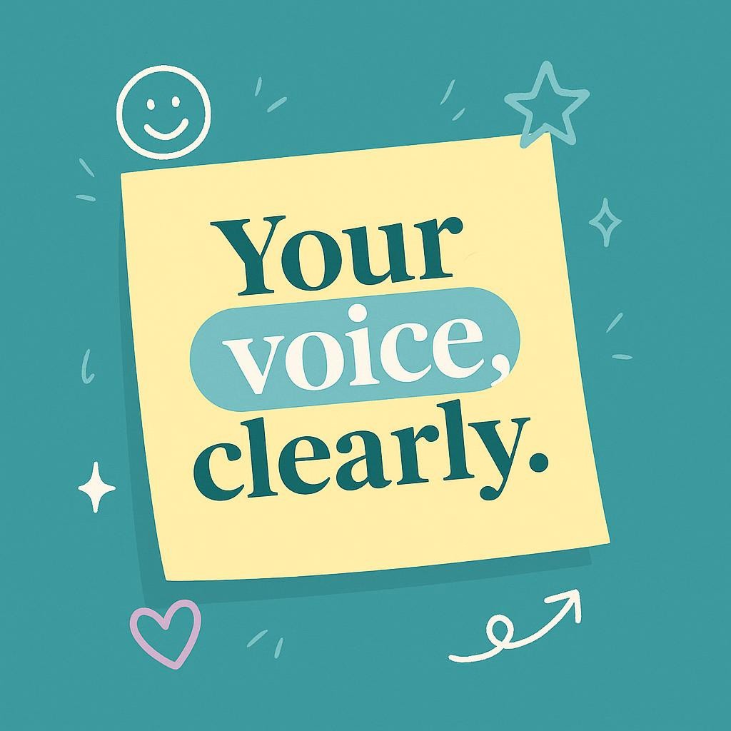 Minimalist flat design graphic with a pastel sticky note on a teal background showing the words Your voice, clearly, with highlighted words and playful doodles, symbolizing authentic college essay writing and clarity.
