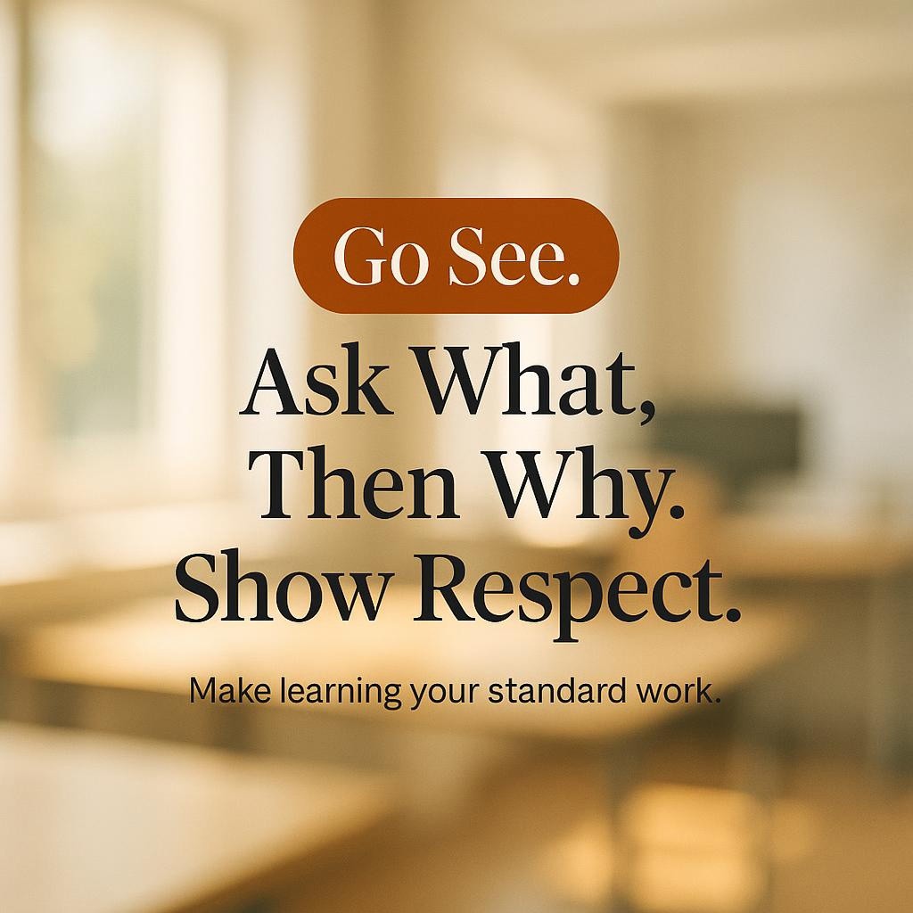 Typography hero image with the headline Go See. Ask What, Then Why. Show Respect over a softly blurred, sunlit office background, highlighting Go See in a warm accent to support a blog about Gemba Walk leadership and continuous improvement.