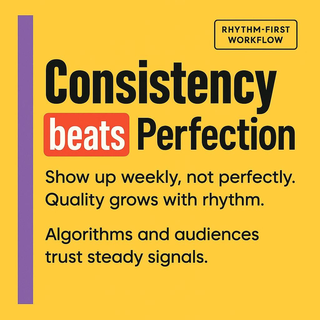 Minimalist yellow blog header with a purple left bar and bold stacked headline reading Consistency beats Perfection, where the words Consistency and Perfection are in red highlight boxes with white text, styled for a professional, modern look.