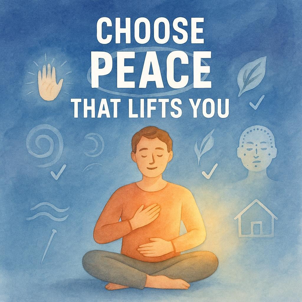 Watercolor of a serene person meditating with gentle holistic healing icons and the headline Choose Peace That Lifts You, symbolizing a peace-first, gut-led way to choose the right healer.