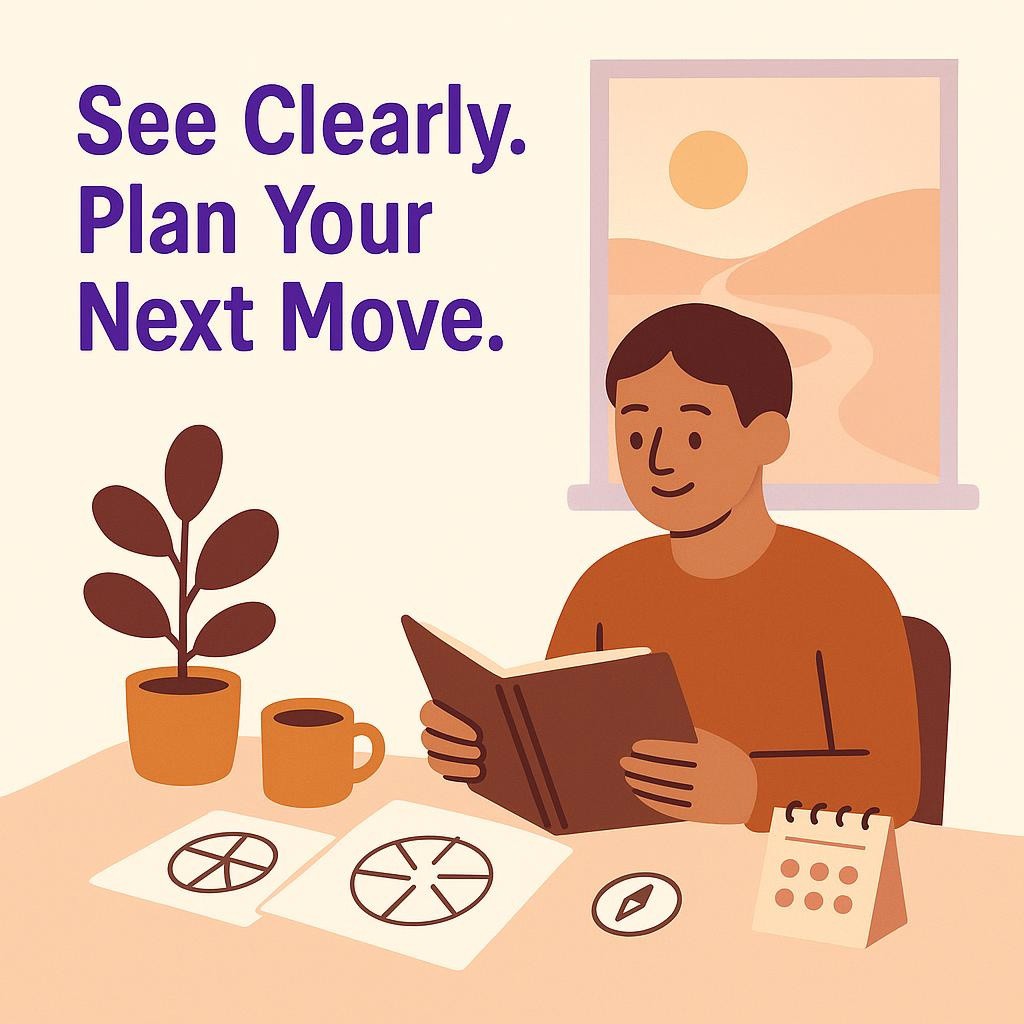 Sunlit workspace with a mid-career professional journaling at a desk, value wheel, compass, plant, and quarterly calendar dots, illustrating self-reflection, career transition, and planning next steps for Restart Strong.