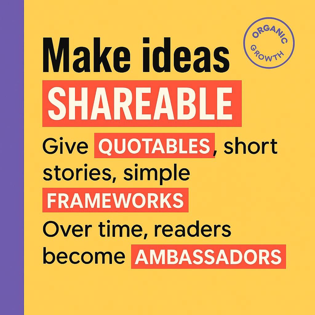 Text-only blog header with bold black sans-serif type on bright yellow, purple vertical sidebar, and red highlight blocks around the words SHAREABLE, QUOTABLES, FRAMEWORKS, and AMBASSADORS to convey shareable content that turns readers into ambassadors.