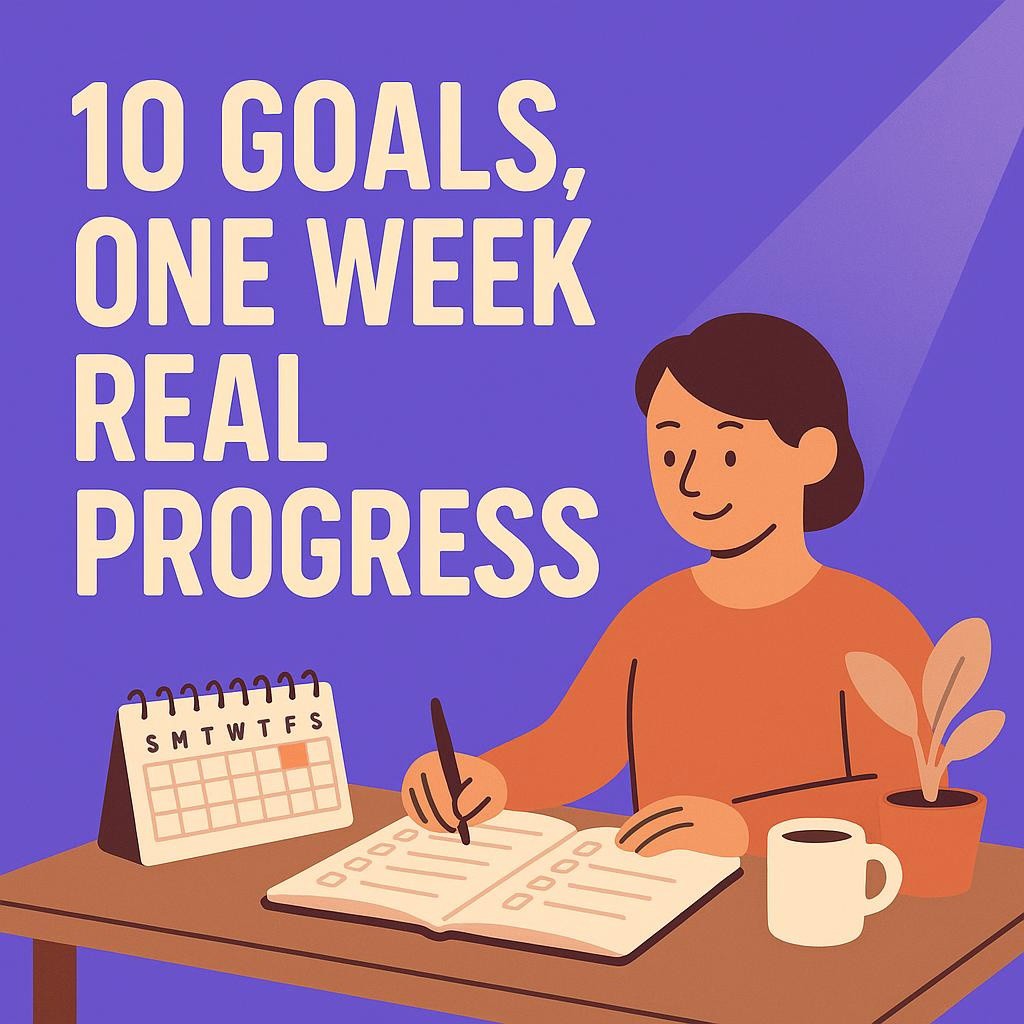 Typography-first hero image for career transition goals with the heading 10 Goals, One Week, Real Progress, a person writing goals at a desk, weekly planner, and a purple background.