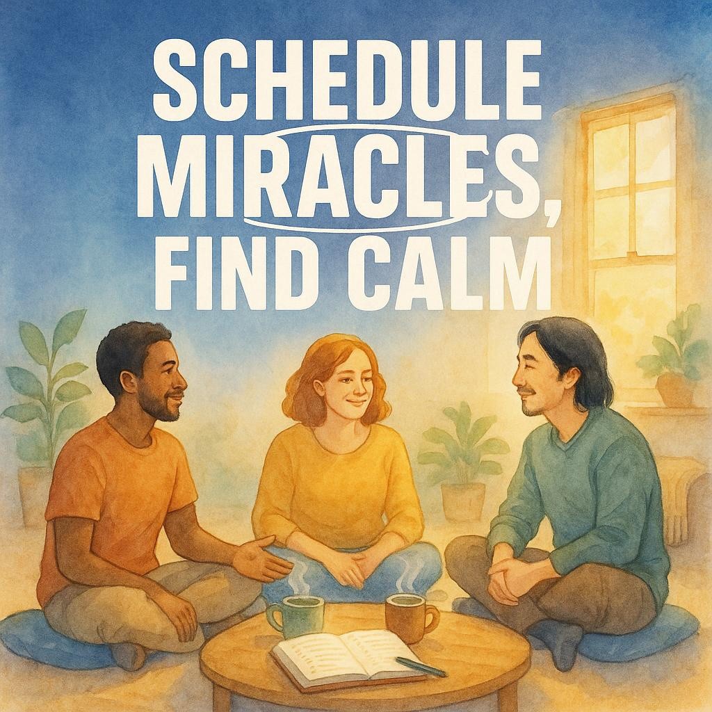 Watercolor scene of three people in a calm weekly miracles group at 12:10, seated on cushions around a low table with an open journal, sharing positive wins and blessing intentions in soft sunlight.