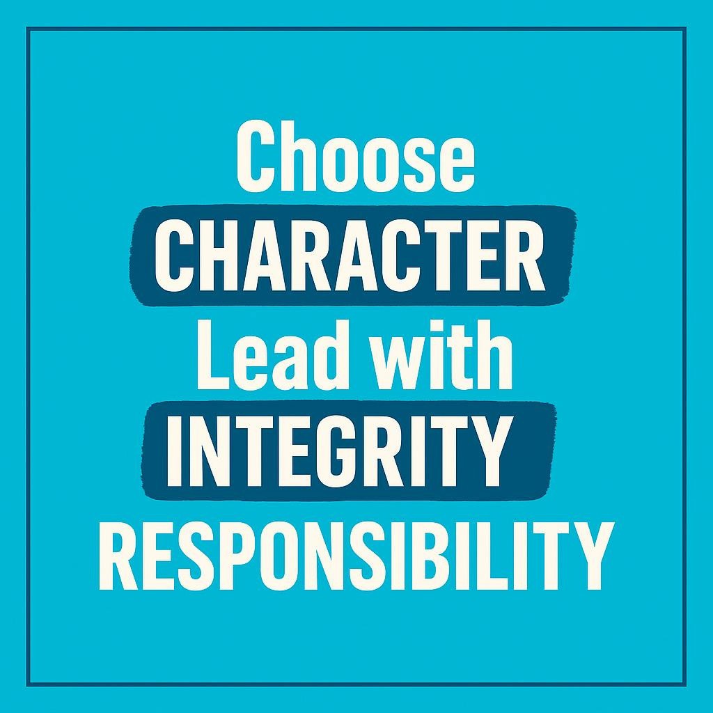 Minimalist teal typographic poster with white text and navy highlight accents emphasizing Character, Integrity, and Responsibility in three centered lines: Choose Character, Lead with Integrity, Practice Responsibility; supporting a blog on character building and personal growth.