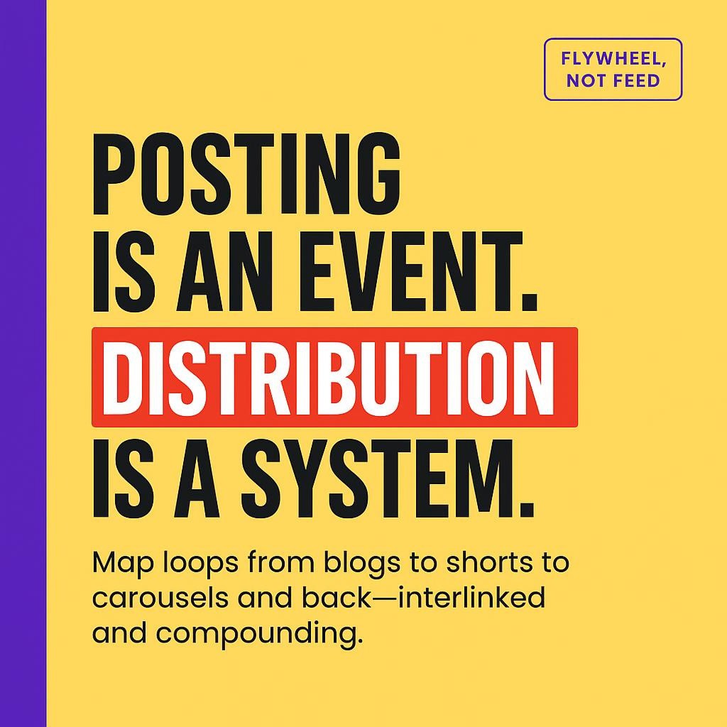 Typographic blog header with bright yellow background and purple sidebar, bold headline reading Posting is an event, second line Distribution is a system with Distribution and system in red highlight boxes, subline about mapping loops from blogs to shorts to carousels, clean high-contrast text-only layout