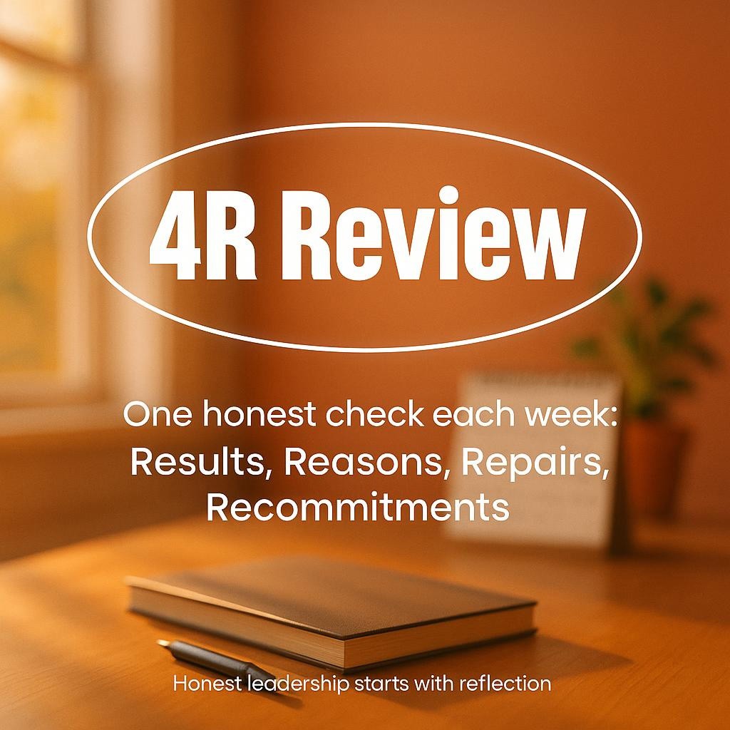 Typography hero image with headline 4R Review highlighted in white over a warm blurred workspace, natural light, and subtext listing Results, Reasons, Repairs, Recommitments for a weekly leadership review.