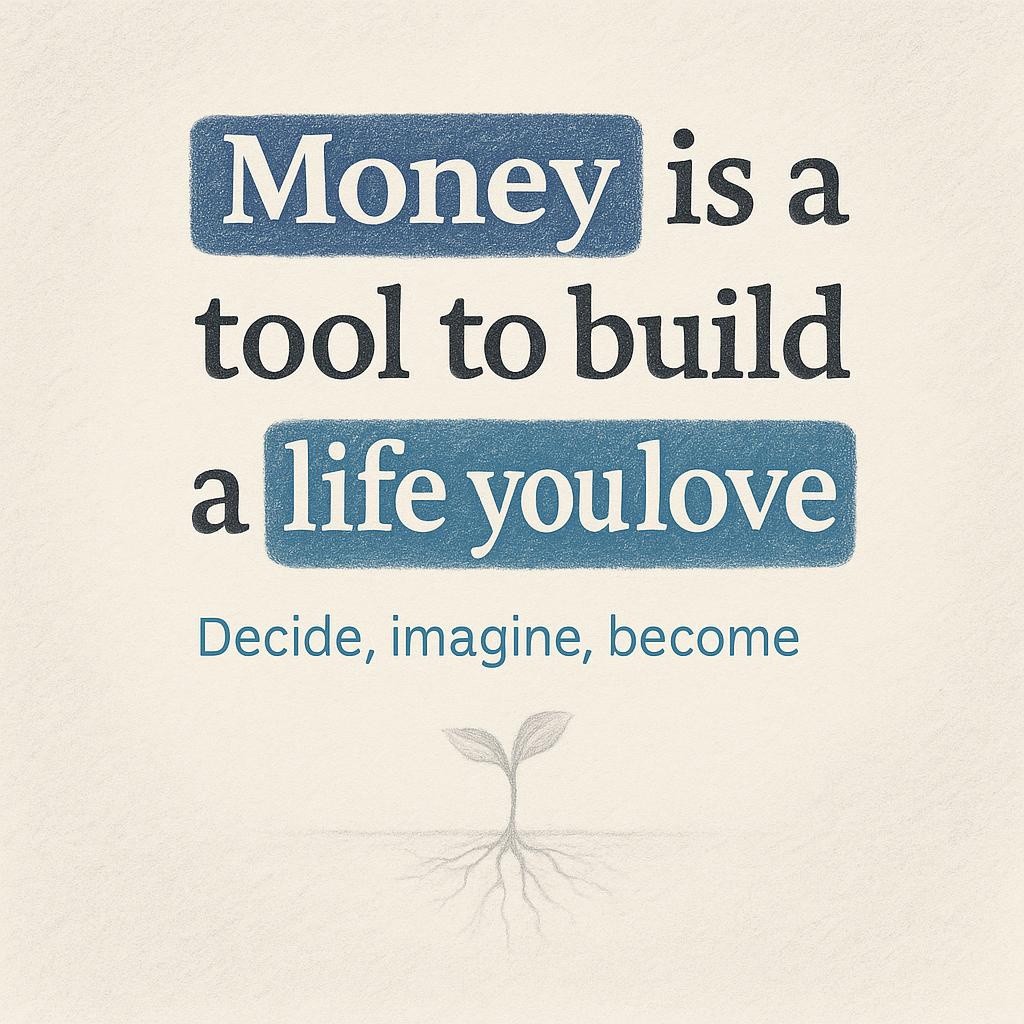Off white textured paper with bold blue highlighted typography reading Money is a tool, build a life you love, a smaller subline that says Decide, imagine, become, and a faint pencil sketch of a seed with roots, conveying purpose driven wealth and a calm investing mindset.