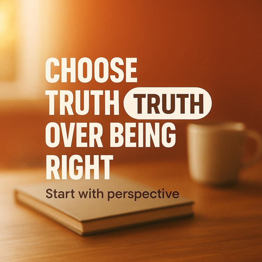 Typography hero image with the headline Choose Truth Over Being Right, the word Truth highlighted in a white oval, over a warm orange blurred workspace with soft natural light, conveying a professional and encouraging leadership mindset focused on learning and better decision making.