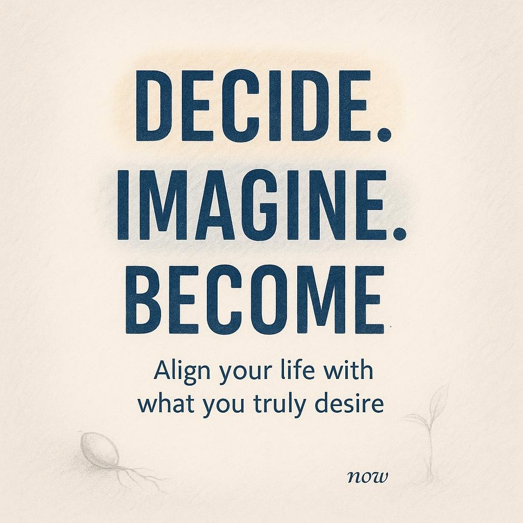 Typography image featuring large text DECIDE. IMAGINE. BECOME. and a smaller line Align your life with what you truly desire on a pencil-sketched off-white background with blue hand-drawn highlights and subtle seed and roots sketches, reflecting personal growth and life alignment.