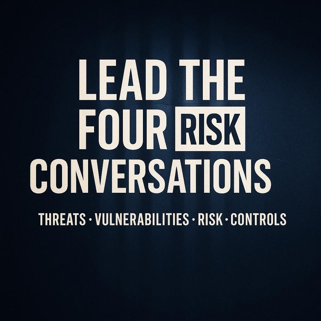 Typography hero image on dark navy background with the headline Lead the Four Risk Conversations and the word Risk highlighted, symbolizing software security leadership for CEOs focused on threats vulnerabilities risks controls