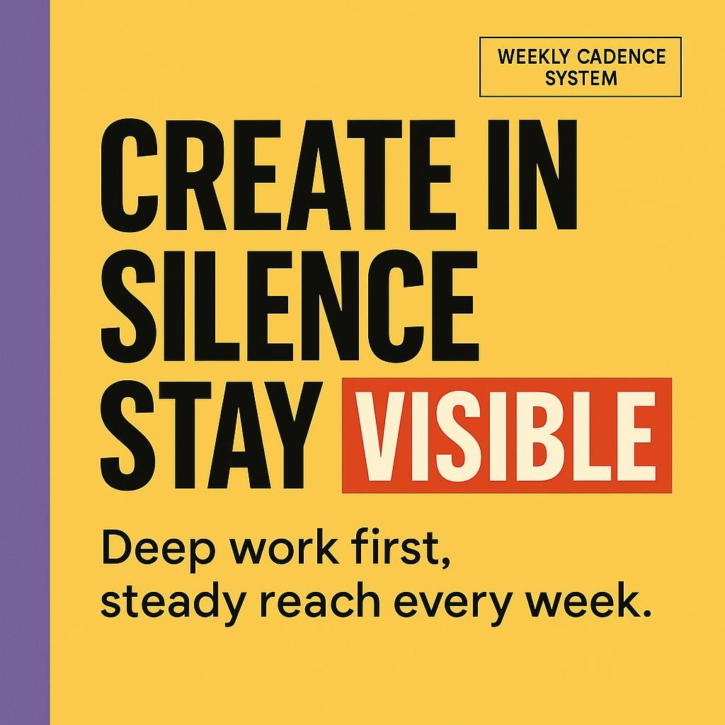 Text-only blog header on bright yellow with a purple left sidebar. Large headline reads Create in SILENCE and Stay VISIBLE with the words SILENCE and VISIBLE highlighted in red boxes with white text. Subheading says Deep work first, steady reach every week.