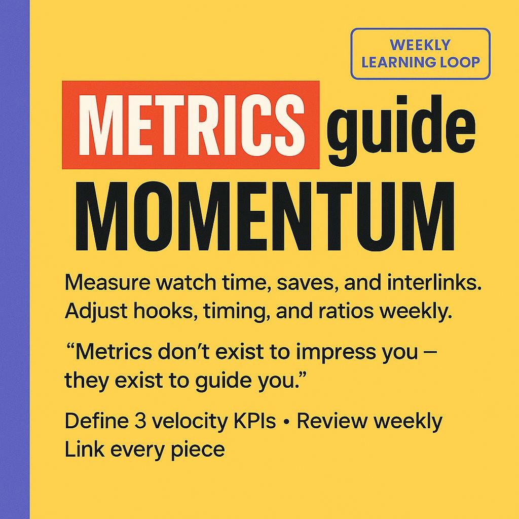 Text-only blog header saying METRICS guide MOMENTUM on a bright yellow background with a purple sidebar, highlighting metrics like watch time, saves, and interlinks for a weekly learning loop that tunes hooks, posting times, and content ratios.