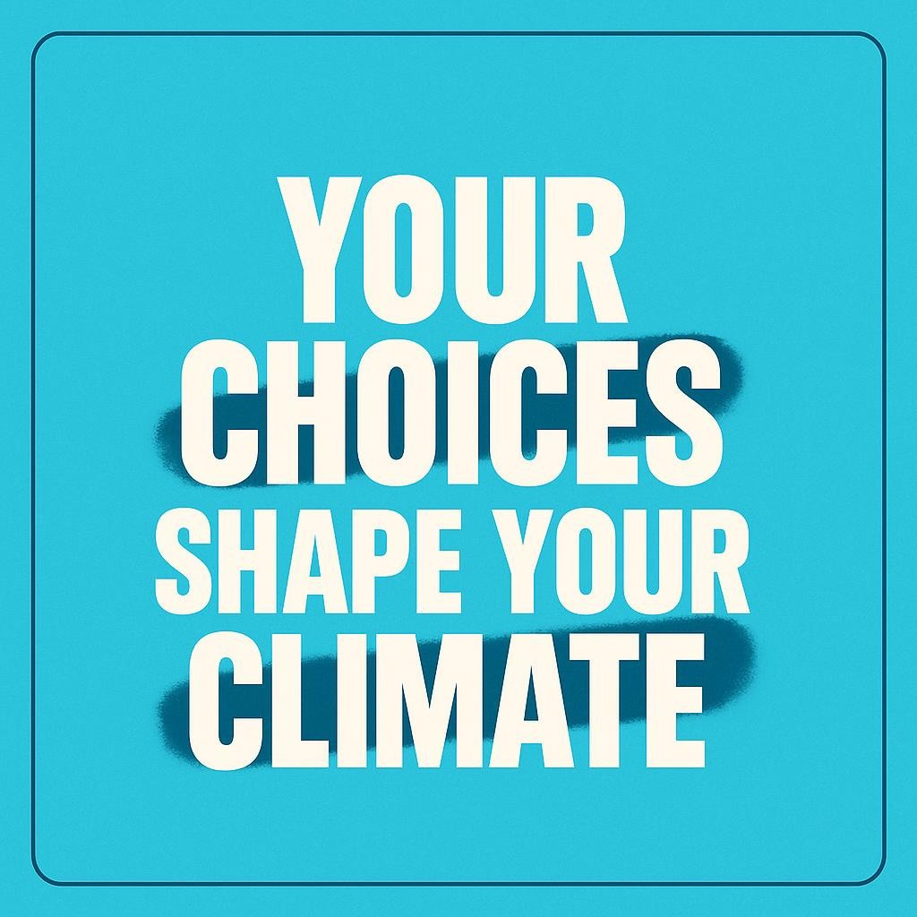 Bold white typography reading Your Choices Shape Your Climate on a teal background with navy highlighter accents and a thin border, minimalist editorial style for a blog about thriving life, courageous choices, and personal growth inspired by Rand Seligs Thriving!