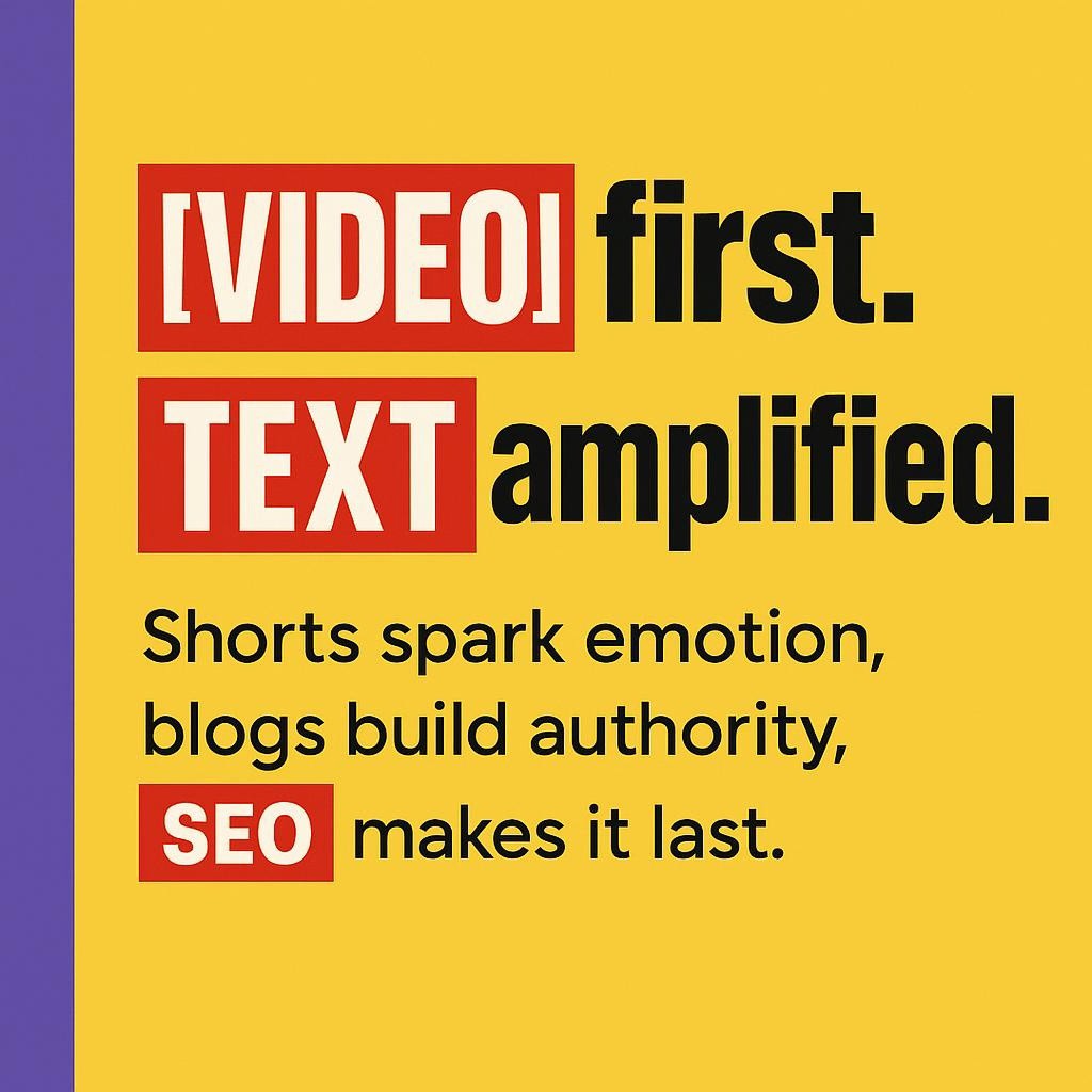 Minimalist text-based blog header reading VIDEO first and TEXT amplified with subheading Shorts spark emotion, blogs build authority, SEO makes it last on a yellow background with a purple sidebar and red highlighted keywords.