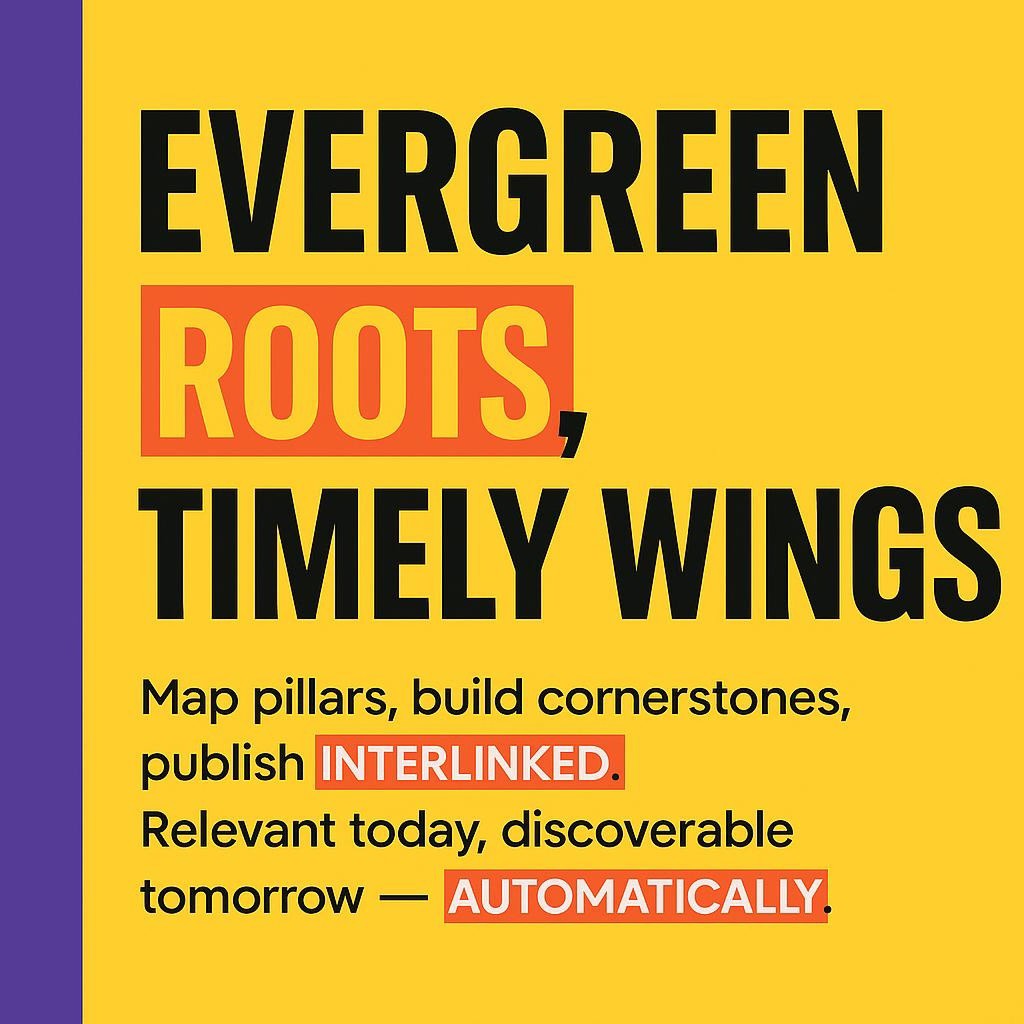Typographic blog header on bright yellow with a purple left sidebar. Bold black stacked title highlights the words EVERGREEN, TIMELY, INTERLINKED, and AUTOMATICALLY in red rectangles with white text, presenting an evergreen content and timely content strategy focused on interlinked pillars and cornerstone assets.