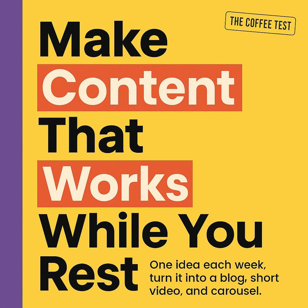 Bright yellow blog header with a purple left sidebar and bold stacked sans-serif text reading Make Content That Works While You Rest, with the words Content, Works, and Rest highlighted in red boxes with white text, plus a smaller subheading about turning one idea each week into a blog, short video, and carousel.