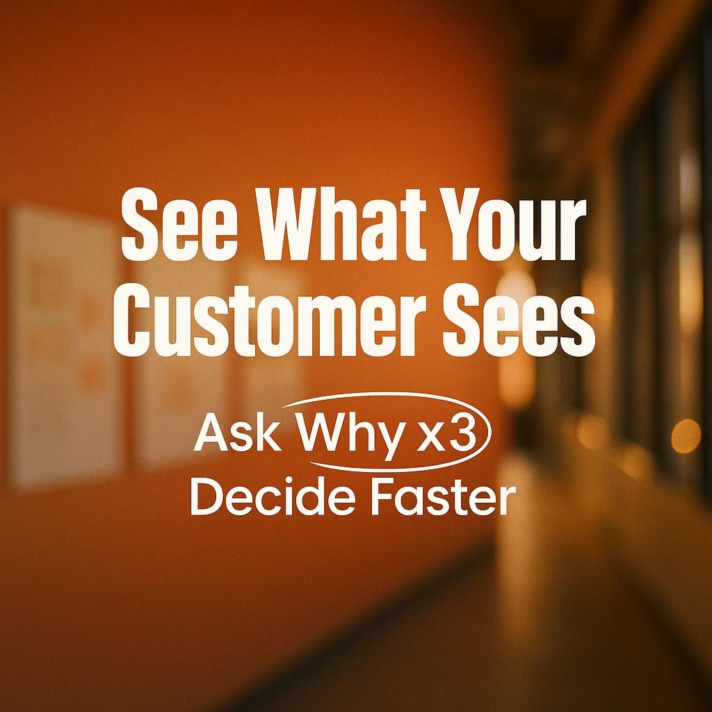 Large headline reading See What Your Customer Sees with a smaller line Ask Why x3, Decide Faster over a softly blurred, warm industrial background, highlighting customer-centered decision-making and visual leadership.