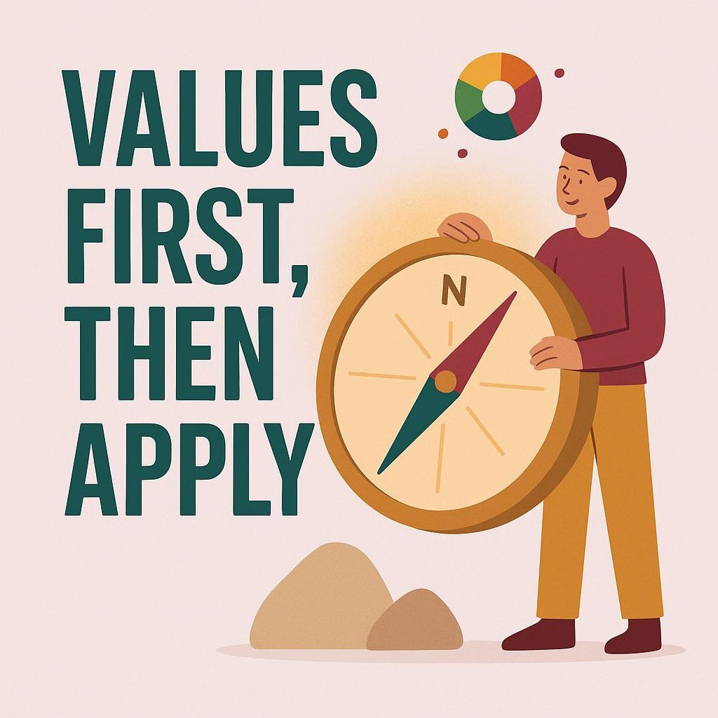 Flat vector hero image with bold text reading Values First Then Apply beside a friendly character adjusting a glowing compass aimed at a value wheel, symbolizing non-negotiables guiding a job search.