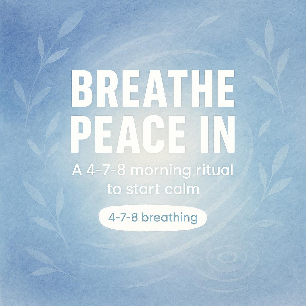 Watercolor hero image with the headline Breathe Peace In and subline A 4‑7‑8 morning ritual to start calm on a soft indigo gradient, breath-like strokes, and a highlighted 4‑7‑8 breathing tag.