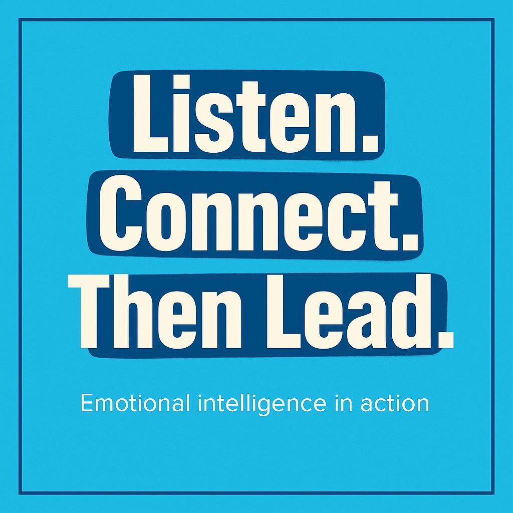 Bold white typography reading Listen. Connect. Then Lead. on a teal background with navy highlight accents and a thin border, representing emotional intelligence, trust, and dialogue in relationships at work and at home.