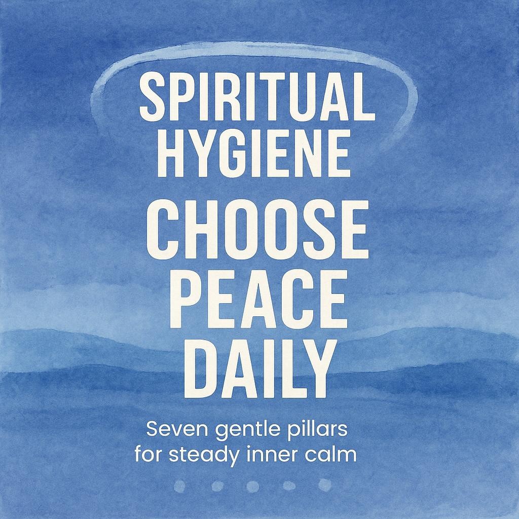 Watercolor indigo-blue background with large centered white text reading Spiritual Hygiene: Choose Peace Daily, highlighted by a hand-drawn white oval; soft paper texture, gentle brush strokes, and seven faint white dots suggest the seven pillars of calm.