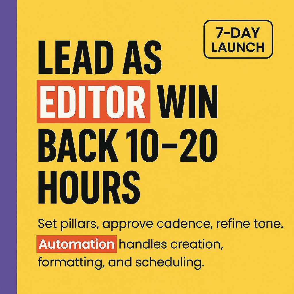 Bold yellow and purple typographic blog header saying Lead as Editor, Win Back 10–20 Hours with subtext about setting pillars, approving cadence, and automation handling creation, formatting, and scheduling
