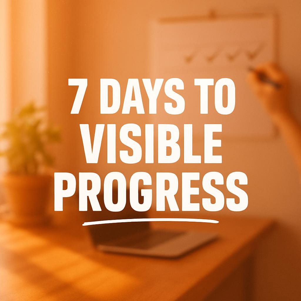 Typography-first blog hero image with large text 7 DAYS TO VISIBLE PROGRESS centered over a warm, blurred workspace in brand color E66F42, showing soft calendar checkmarks in the background to convey a 7-day micro habit MVP and visual leadership.