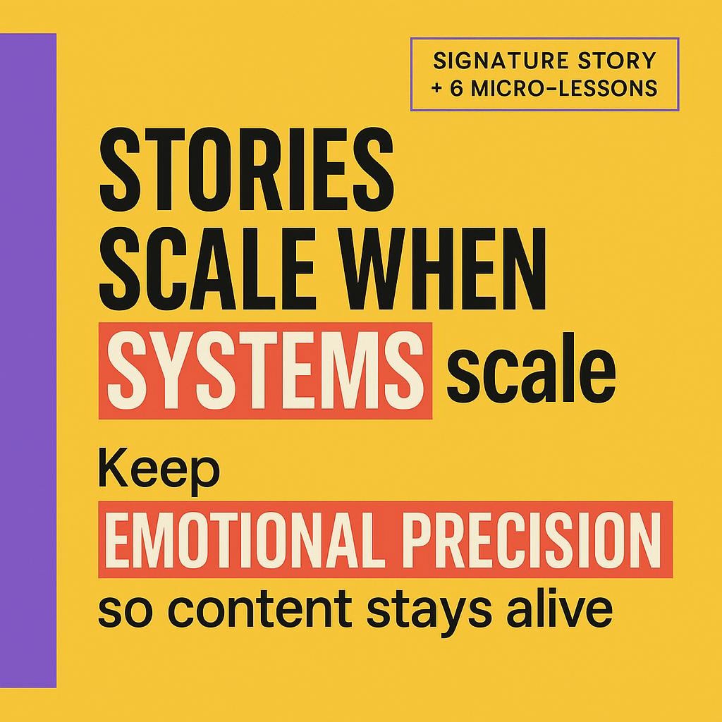 Text-based blog header reading Stories scale when systems scale and Keep emotional precision so content stays alive, on a bright yellow background with a purple left sidebar and red highlight boxes around the words SYSTEMS and EMOTIONAL PRECISION.