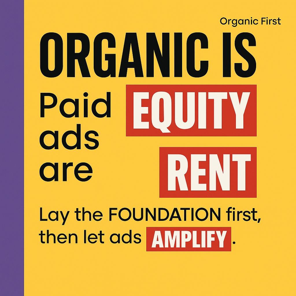 Minimalist blog header image with bright yellow background, purple left sidebar, bold black text reading Organic is Equity and Paid ads are Rent, red highlight boxes around keywords Equity, Rent, Foundation, and Amplify, clean left aligned layout